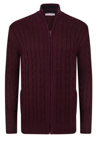 Cardigan lavorato a maglia color marrone con collo alto, chiusura con zip, motivo a treccia, polsini a costine e tasche laterali. Realizzato in tessuto morbido e strutturato.