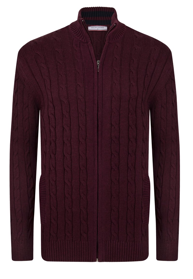 Cardigan lavorato a maglia color marrone con collo alto, chiusura con zip, motivo a treccia, polsini a costine e tasche laterali. Realizzato in tessuto morbido e strutturato.