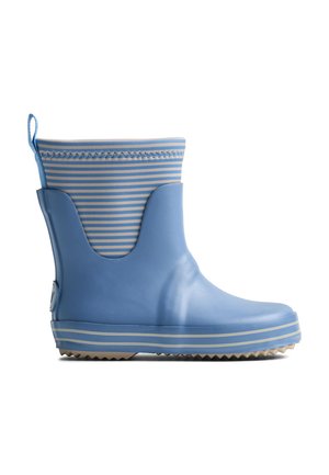 Bota de lluvia de goma azul para niños con puño de tela a rayas en azul claro y beige y suela a rayas, suela exterior de goma plana con patrón de dibujo.