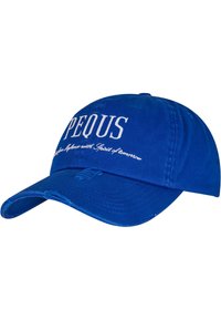 Blue baseball cap made of cotton with white embroidered text. Features a curved brim and distressed accents on the brim.