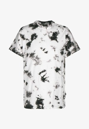 Biely tričko s čiernobielym batikovaným vzorom, okrúhlym výstrihom, krátkymi rukávmi a voľným strihom. Mäkká bavlna s textúrovaným povrchom.