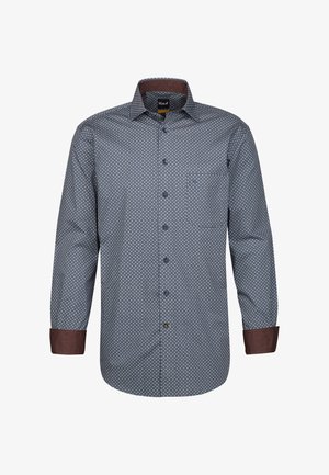 Camicia da uomo stampata di colore blu con motivo geometrico, collo e polsini marroni, maniche lunghe e chiusura davanti con bottoni. Tessuto resistente.