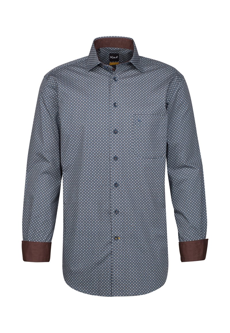 Camicia da uomo stampata di colore blu con motivo geometrico, collo e polsini marroni, maniche lunghe e chiusura davanti con bottoni. Tessuto resistente.