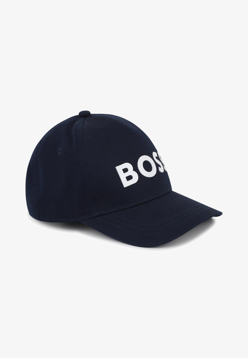 Marineblauwe baseballpet van stof met een gestructureerd ontwerp. Voorzien van witte "BOS" opdruk aan de voorkant en een gebogen klep.