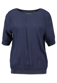 Tmavomodrá blůza s krátkým rukávem, kulatým výstřihem, elastickým lemem a kontrastním světlým lemováním na rukávech a spodním okraji. Hladká, lehká tkanina.