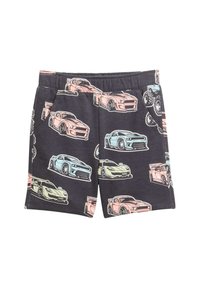 Schwarze Shorts mit bunten, cartoonartigen Auto-Grafiken in Pink-, Blau- und Grüntönen, mit elastischem Bund und Seitentaschen.