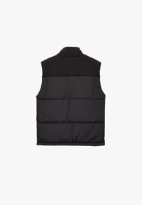 Sort polstret vest med høj krave, mat finish, vandret syning og ærmeløs design, velegnet til lag-på-lag.