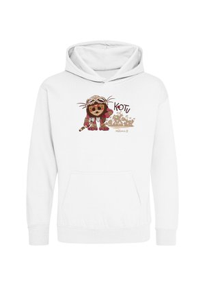 Sweat à capuche blanc avec un personnage de dessin animé portant des lunettes et une armure, tenant un bâton, à côté des mots "KOTU" et "Moana 2".