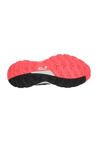 Trail-Schuhsohle mit schwarzer und leuchtend pinker Gummiaußensohle, die tiefe Profilrillen für Traktion aufweist, und einer grauen Zwischensohle. "Jack Wolfskin"-Logo vorhanden.