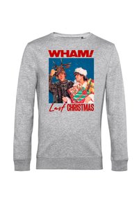 Felpa grigia con stampa grafica che riporta il testo "WHAM!" e "Last Christmas", raffigurante due figure in abbigliamento festivo. Materiale morbido in cotone.
