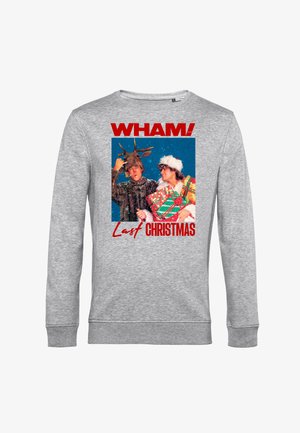 Szara bluza z nadrukiem graficznym zawierającym napisy "WHAM!" oraz "Last Christmas", przedstawiająca dwie postacie w świątecznych strojach. Miękki, bawełniany materiał.