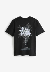 Schwarzes Baumwoll-T-Shirt mit einem weißen Blumenmuster auf der Rückseite, einschließlich Text wie "ELEVATE YOUR MIND" und zusätzlichen Designelementen.