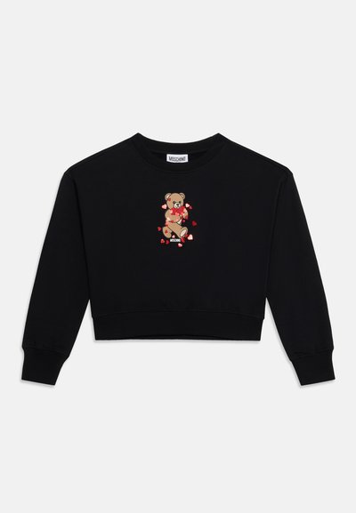 Μαύρο cropped φούτερ με αρκουδάκι που κρατά κόκκινες καρδιές και το λογότυπο Moschino στο στήθος, με μακριά μανίκια και στρογγυλή λαιμόκοψη.
