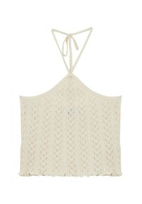 Top in crochet color crema, con un motivo testurizzato e design con lacci sul retro. Tessuto morbido e leggero con bordi smerlati.