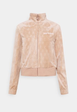 Roze fluwelen zip-up jas met een hoge kraag, met een totaal logo patroon en een voorzak met rits. Elastische boorden en zoom.