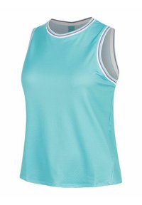 Débardeur en maille athlétique sans manches bleu clair avec des bordures rayées blanches et violettes autour du cou et des emmanchures.