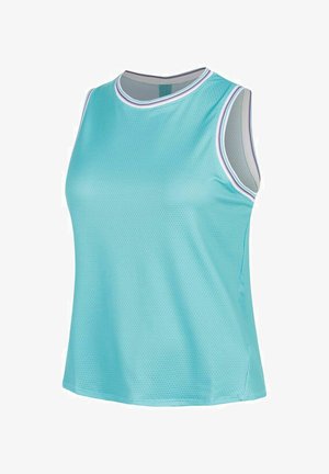 Débardeur en maille athlétique sans manches bleu clair avec des bordures rayées blanches et violettes autour du cou et des emmanchures.