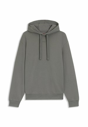 Grijze pullover hoodie met lange mouwen, verstelbare capuchon met trekkoord, geribbelde manchetten en zoom, en een klein geëmbossed logo op de borst.
