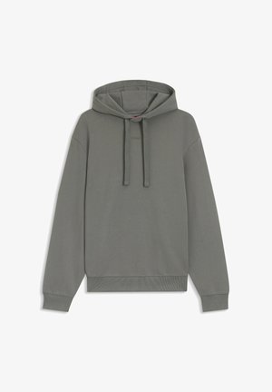 Grijze pullover hoodie met lange mouwen, verstelbare capuchon met trekkoord, geribbelde manchetten en zoom, en een klein geëmbossed logo op de borst.