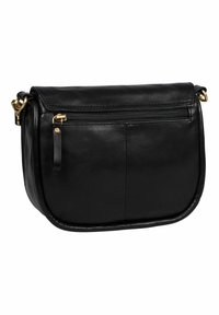 Borsa a tracolla in pelle nera con forma arrotondata, hardware dorato, tasca frontale con zip e dettagli di cucitura visibili. Texture liscia.