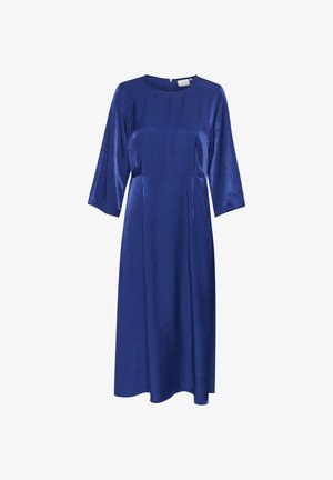 Blue satin dress with a round neckline and three-quarter length sleeves. Features a slight A-line silhouette and a rear zipper closure.