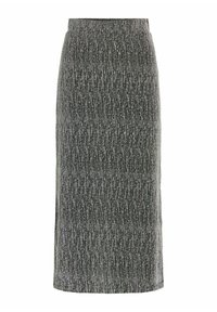 Jupe crayon tricotée en gris foncé avec un motif vertical texturé et une fente latérale pour un plus grand confort de mouvement. Taille élastique pour le confort.