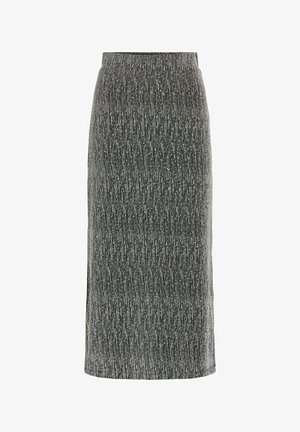 Gebreide kokerrok in donkergrijs met een gestructureerd verticaal patroon en een zijsplit voor bewegingsgemak. Elastische tailleband voor comfort.