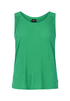 Top verde sin mangas con una tela texturizada y acanalada. Presenta un cuello redondeado y un ajuste holgado, diseñado para comodidad y libertad de movimiento.