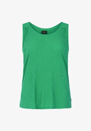 Top verde sin mangas con una tela texturizada y acanalada. Presenta un cuello redondeado y un ajuste holgado, diseñado para comodidad y libertad de movimiento.
