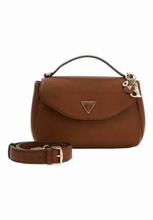 Sac à main en cuir marron à forme arrondie, avec un rabat avant et un logo doré. Comprend une bandoulière amovible pour un port à l'épaule ou en travers du corps.