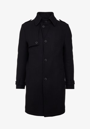 Black wool coat with a double-breasted design, epaulets, and button closures. Features side pockets and a classic collar.