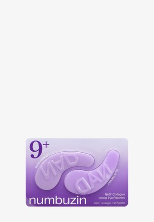 Deux patchs sous les yeux NAD Collagen violets sur une carte étiquetée "numbuzin" avec plus de 9 utilisations et texte "selfie friendly".