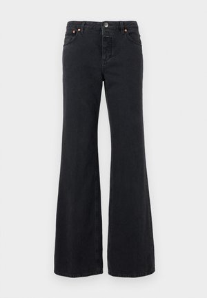 Jean en denim noir taille haute avec une coupe à jambes larges, bouton à l'avant, fermeture éclair et design à cinq poches.