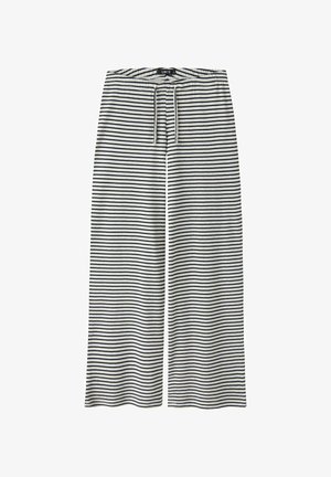 Gestreifte, weit geschnittene Hosen in Weiß und Schwarz, aus weichem Stoff gefertigt. Mit einem elastischen Bund und einem Kordelzug für eine verstellbare Passform.