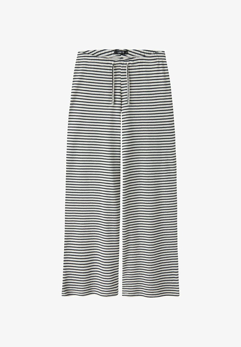 Pantalons larges à rayures en blanc et noir, en tissu doux. Dotés d'une taille élastique avec cordon de serrage pour un ajustement réglable.