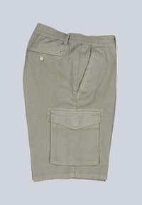 Light gray cargo shorts featuring an elastic waistband, side pockets, and a back pocket with button closure. Made of sturdy fabric.