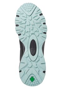 Melna sporta apavu zole ar gaiši tirkīza ārējo daļu. Iekļauj teksturētu pieķeršanās rakstu, noapaļotas izcilas un zaļu dimanta akcentu.