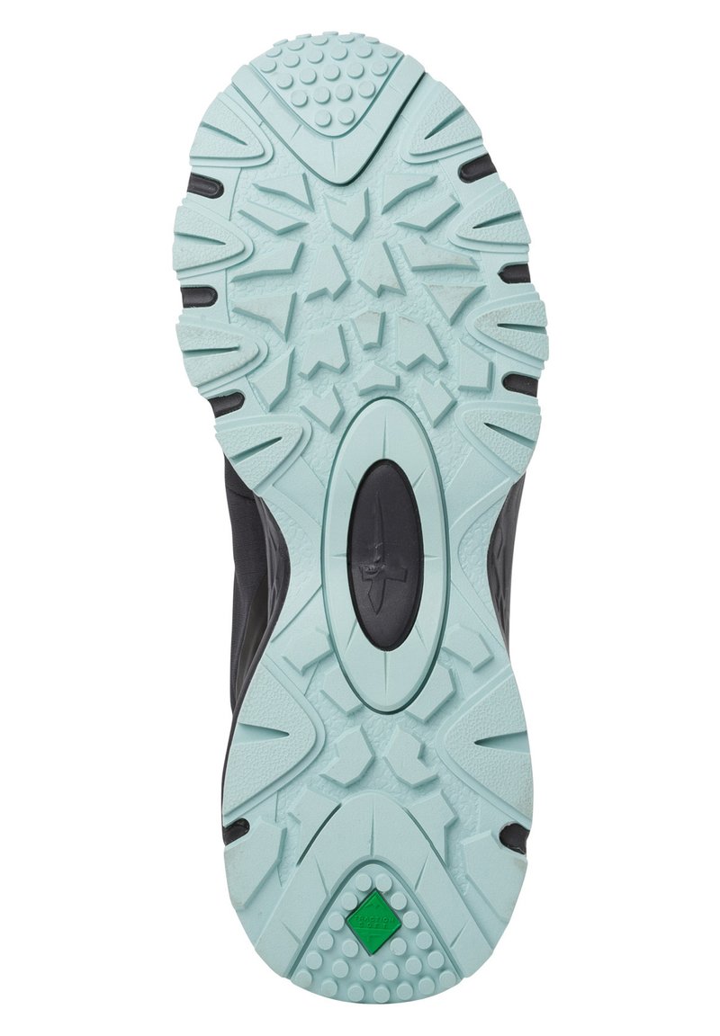 Czarna podeszwa sportowego buta z jasnoniebieską podeszwą zewnętrzną. Posiada teksturowany wzór przyczepności, zaokrąglone wypustki oraz zielony diamentowy akcent.