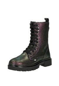 Zwarte veterlaars tot de enkel met iriserende, gestructureerde afwerking, voorzien van een stevige zool en metalen oogjes, ontworpen voor duurzaamheid en comfort.