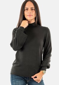 Suéter negro de punto con cuello alto y mangas largas y holgadas. Presenta un cuello y dobladillo acanalados, fabricado en una tela suave y elástica para mayor comodidad.