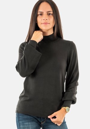 Black knit turtleneck sweater with long, relaxed sleeves. Features a ribbed neck and hem, made from soft, stretchy fabric for comfort.