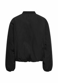 Veste bomber noire courte avec un col rond, des manches volumineuses, des poignets élastiques et une finition lisse et mate. Aucun matériel visible.
