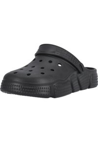 Schwarze Clogs aus leichtem Material mit einem durchbrochenen Design, einem Rückengurt, einer strukturierten Sohle und einem konturierten Fußbett für zusätzlichen Komfort.