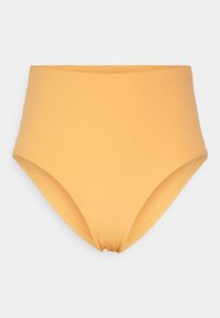 Hochgeschnittener Bikiniunterteil aus geripptem gelben Stoff, mit einem nahtlosen Bund und glatten Kanten, entworfen für einen bequemen Sitz.