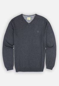 Pull gris à col en V avec manches longues, fabriqué en tissu doux. Présente un col intérieur à motifs et un petit logo sur la poitrine.