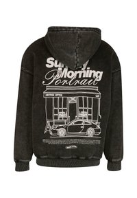 Schwarzer Baumwoll-Hoodie mit einem weißen grafischen Design eines Cafés mit einem Auto und dem Text "Sonntagmorgen-Porträt."