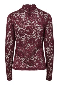 Haut en dentelle bordeaux à manches longues avec motif floral, col haut et fermeture boutonnière en trou derrière.