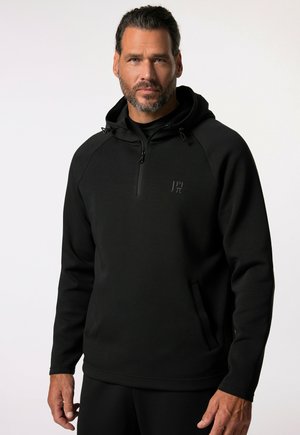 Schwarzer Pullover-Hoodie mit einem Viertel-Reißverschluss, verstellbarem Kordelzug und vorderen Taschen. Glattes Material mit gerippten Bündchen und einem dezenten Logo.