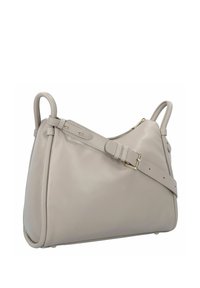 Borsa in pelle grigia con una forma strutturata, tracolla regolabile e dettagli in metallo dorato. Texture liscia con un design minimalista.