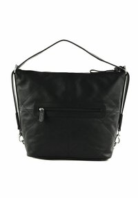 Bolso de mano de cuero negro con un diseño acolchado, cierre de cremallera en la parte superior, bolsillo externo frontal y opciones de doble asa para llevar.